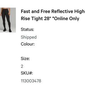 Lululemon Leggings Black Size 2 Fast and Free Reflective High-Rise Tight 28"